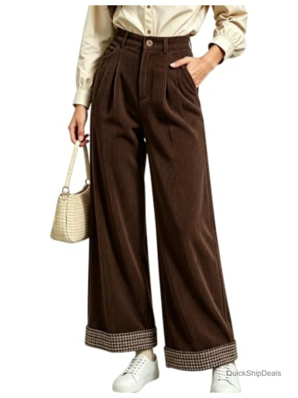 Wide Leg High Waist Corduroy Trousers with Pockets Pull On